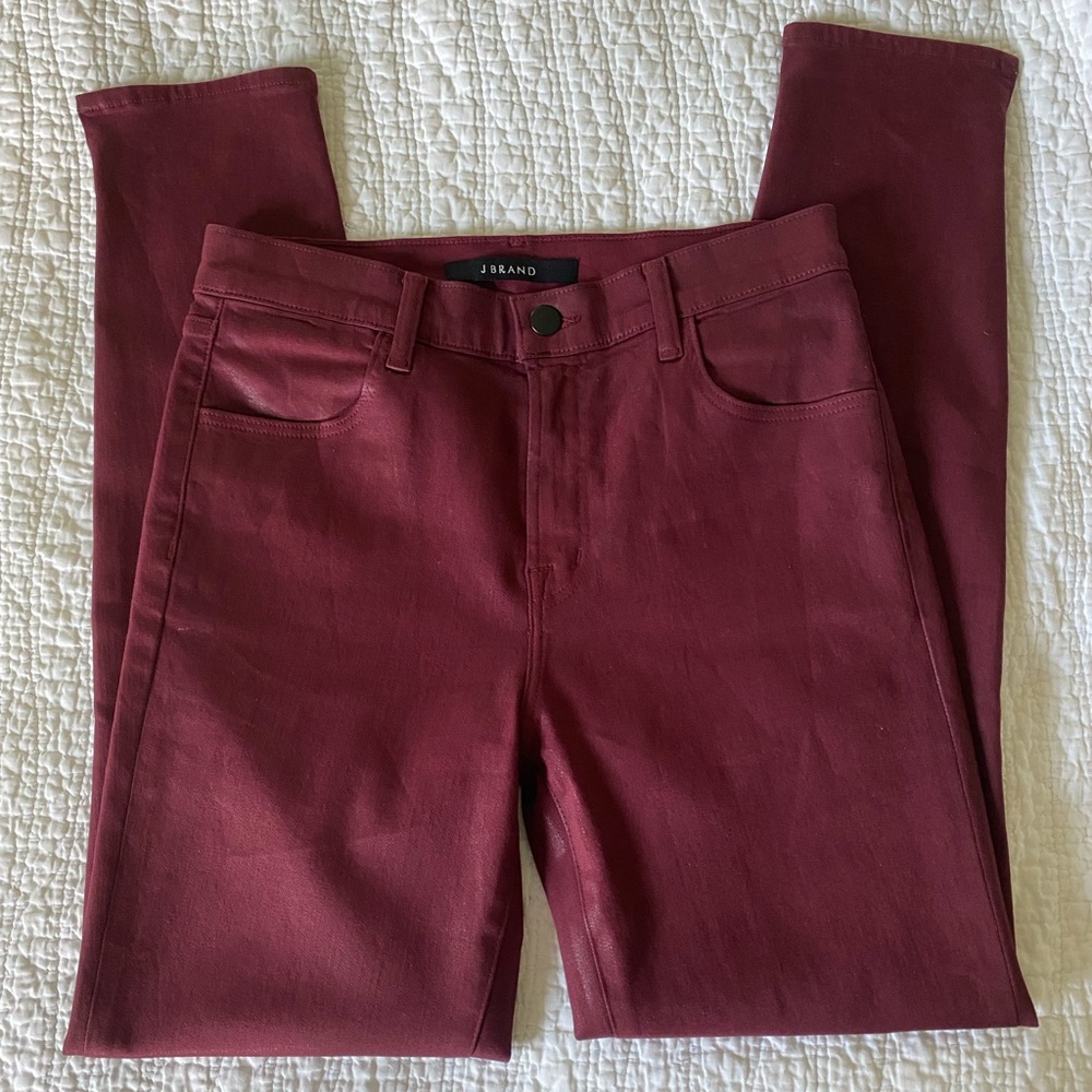 J Brand Coated Skinny Jeans Burgundy Red Size 27